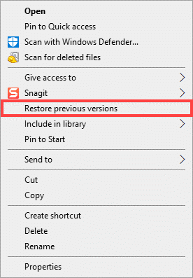 restore previous versions context menu