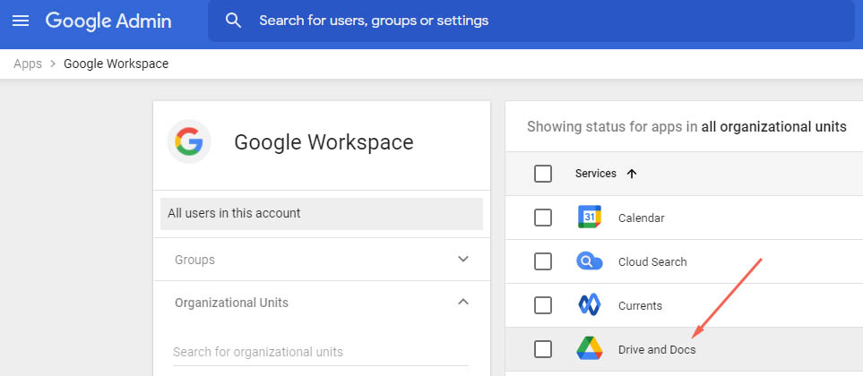 open drive and docs in google admin console