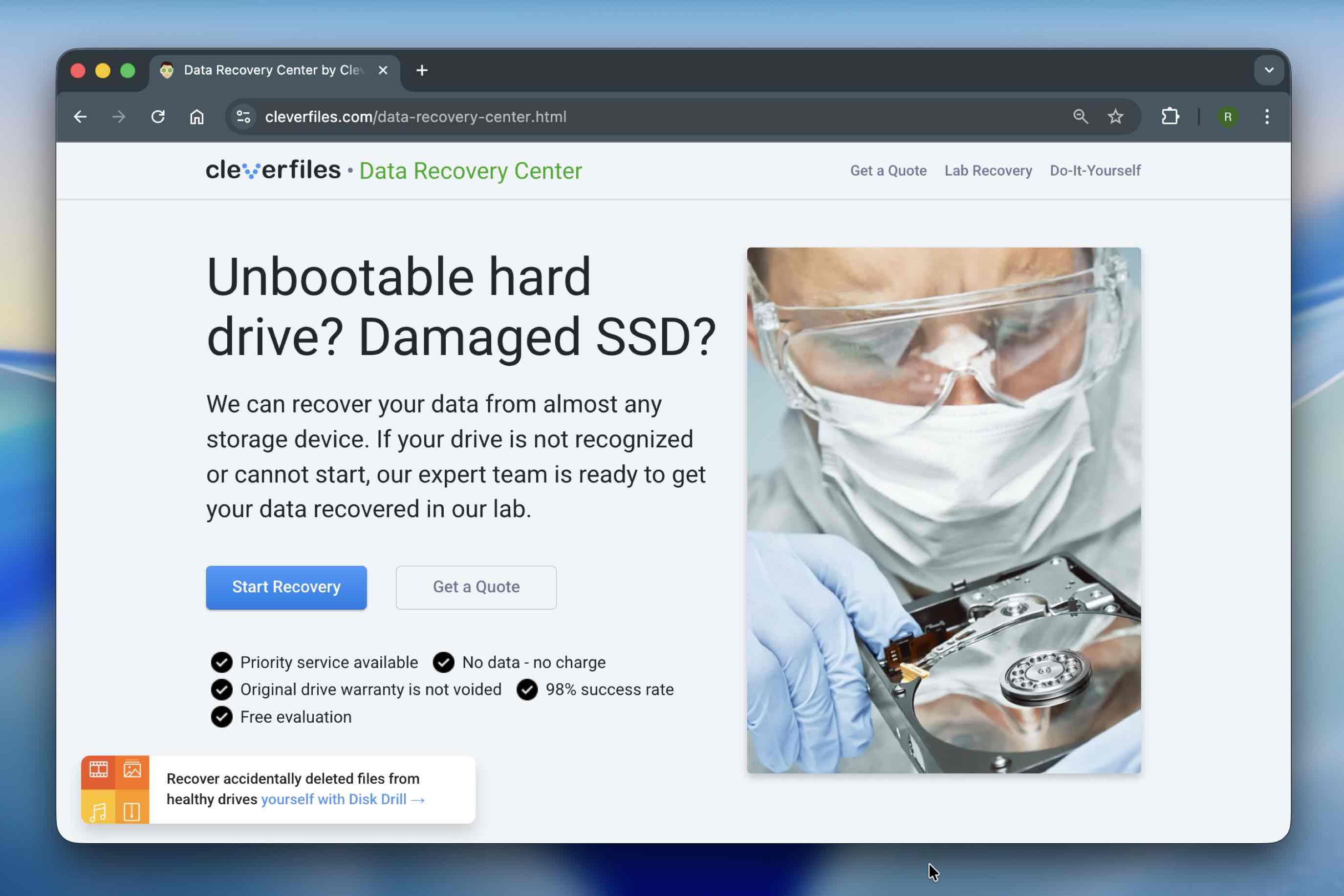 Professional data recovery lab with cleanroom equipment