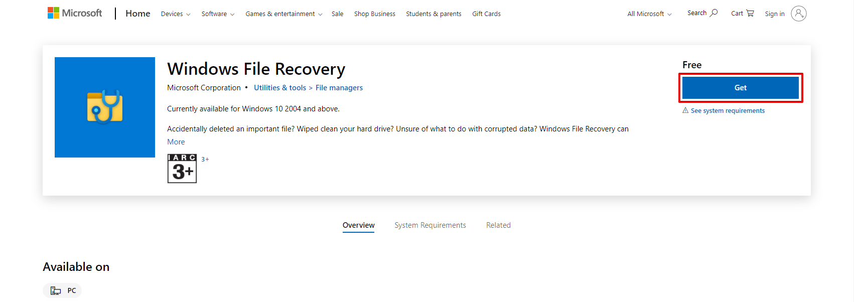 Downloading Windows File Recovery from the Microsoft Store.