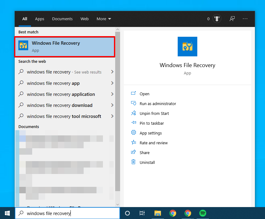 Opening Windows File Recovery from the Start menu.