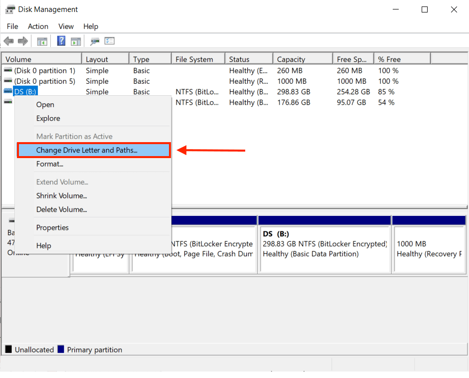 disk management window with the right-click menu for drive B
