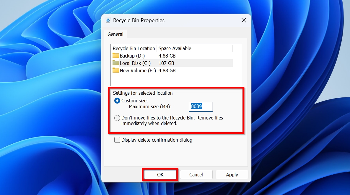 Recycle Bin properties screen in Windows 11. 