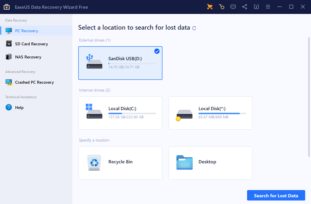EaseUS Data Recovery Wizard's source selection menu