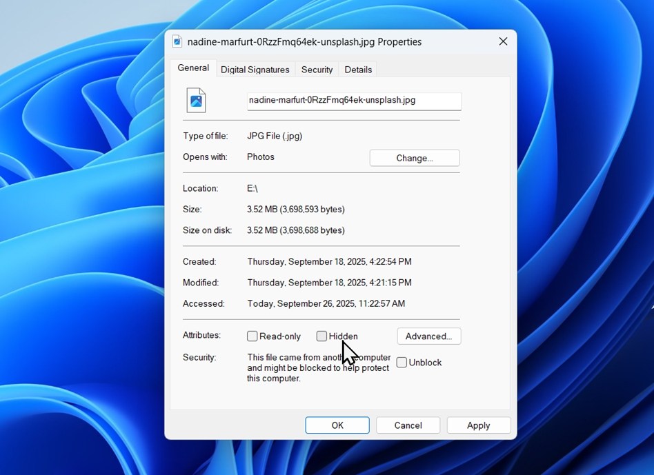 Uncheck the Hidden box