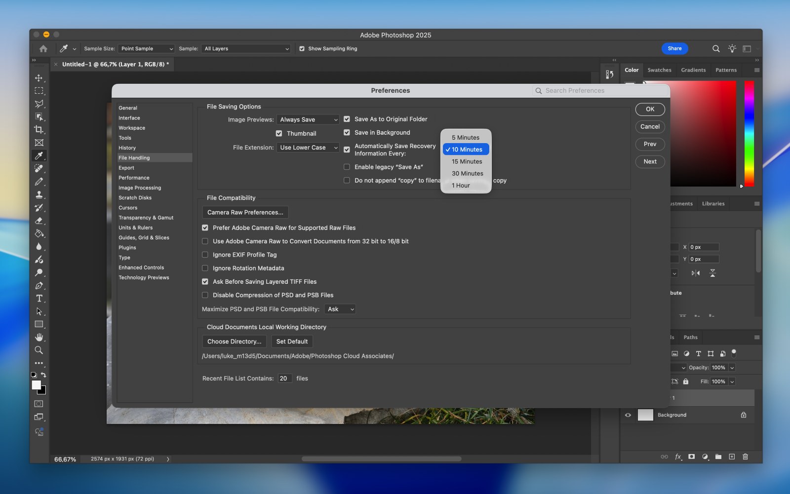 Finding an app’s recovery or autosave feature (example in Photoshop)