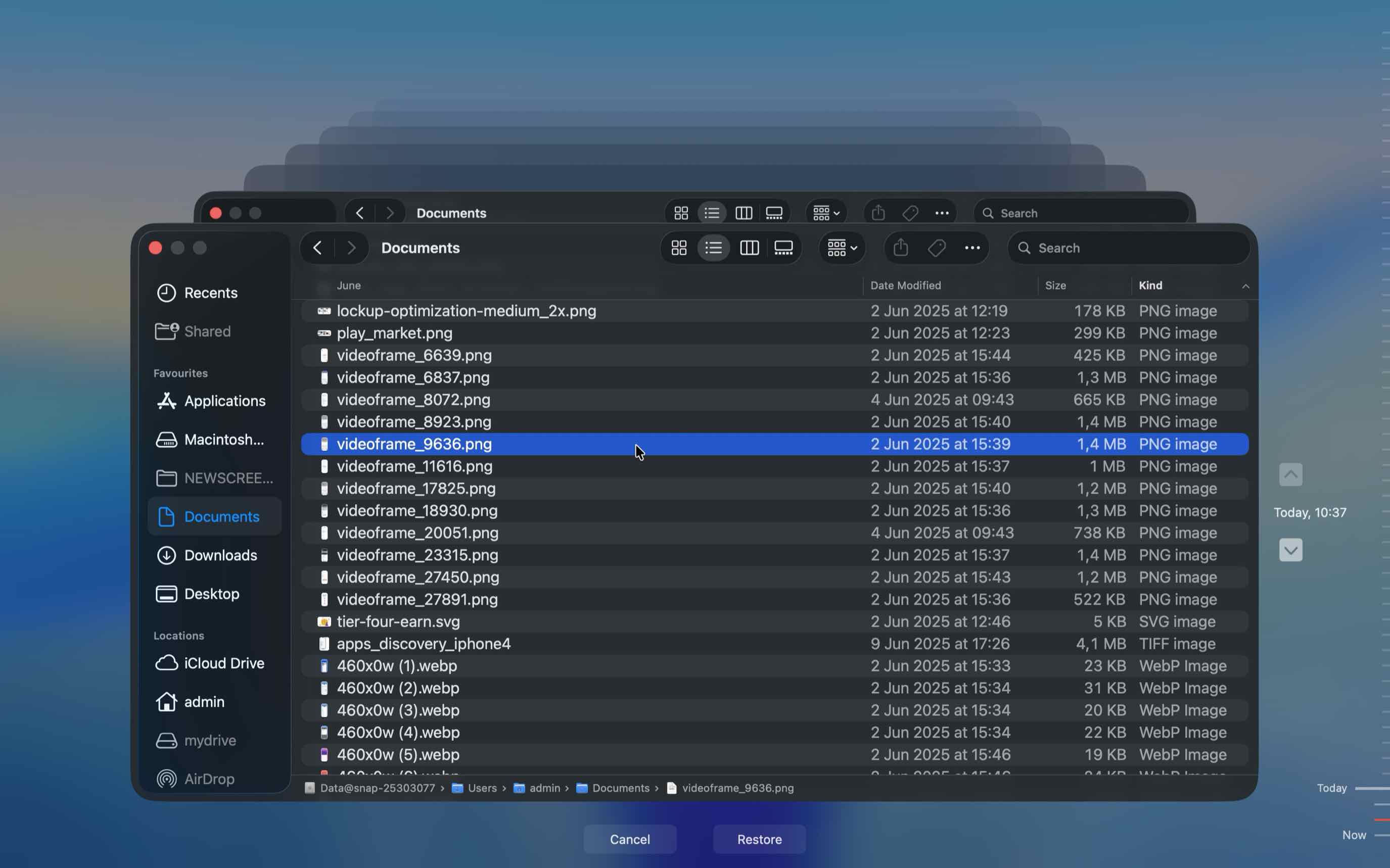Restore button in Time Machine for recovering a selected file