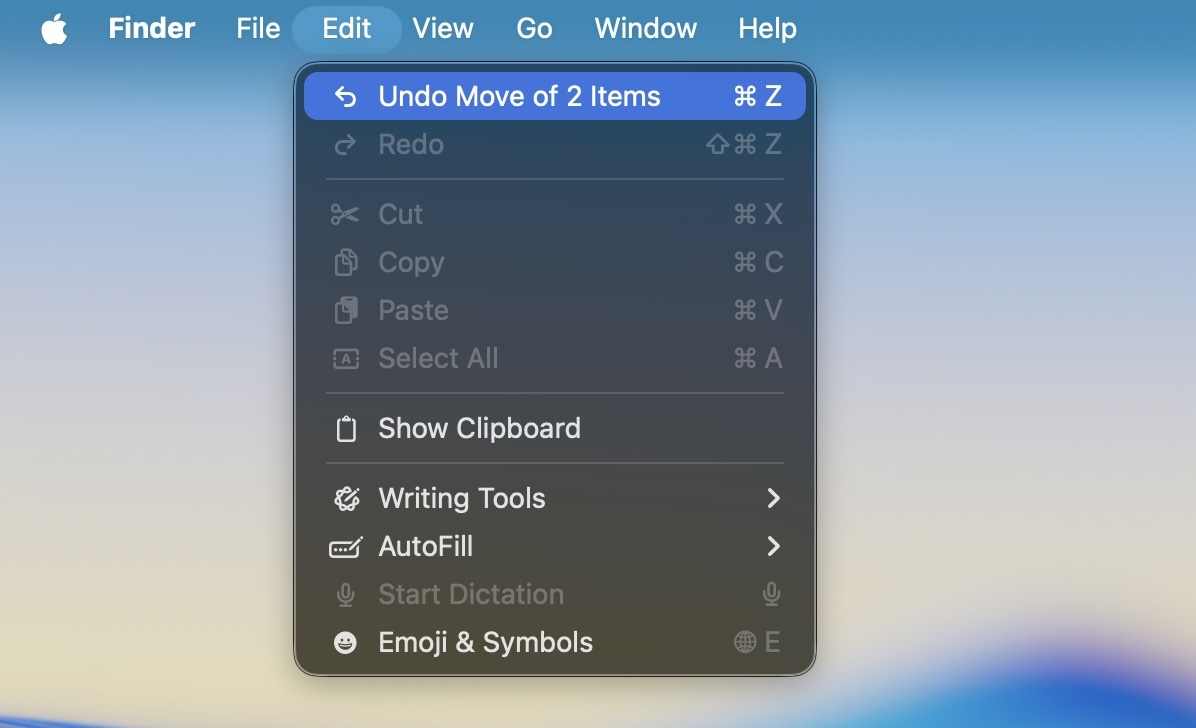 Undo Move option in the macOS Edit menu