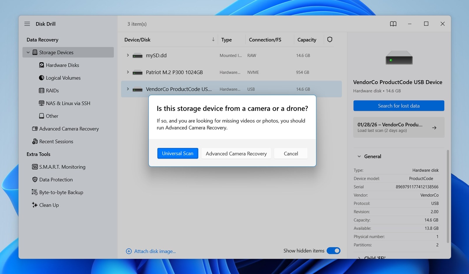 Universal Scan option in Disk Drill