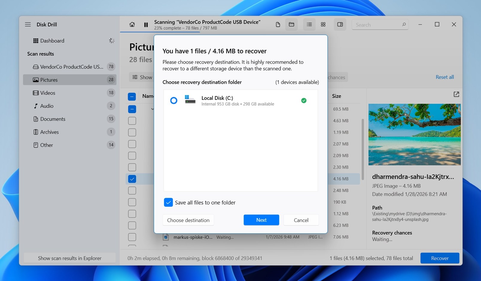 Choosing a destination folder for recovered files