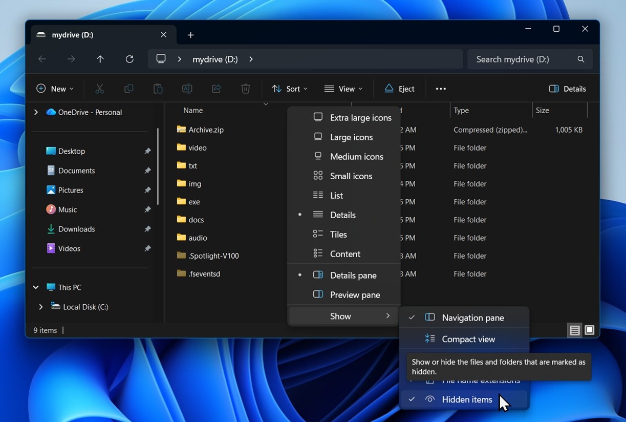Hidden items option in File Explorer