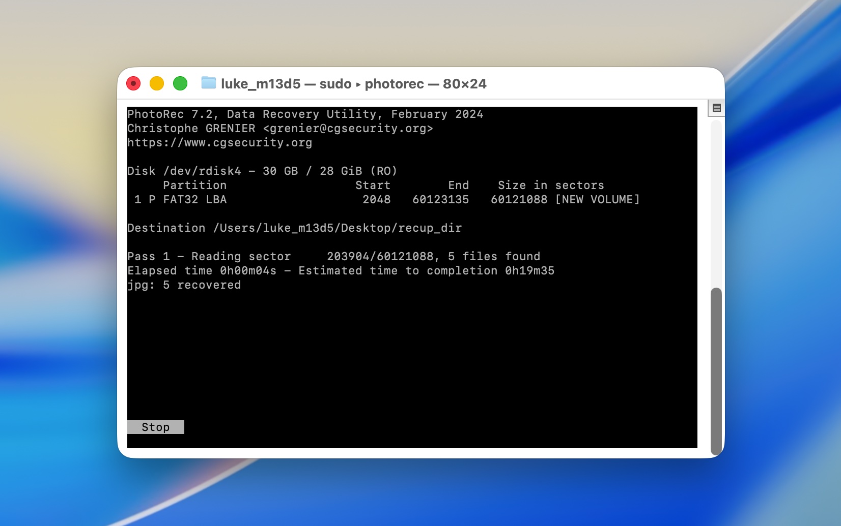 Trash bin recovery process via PhotoRec