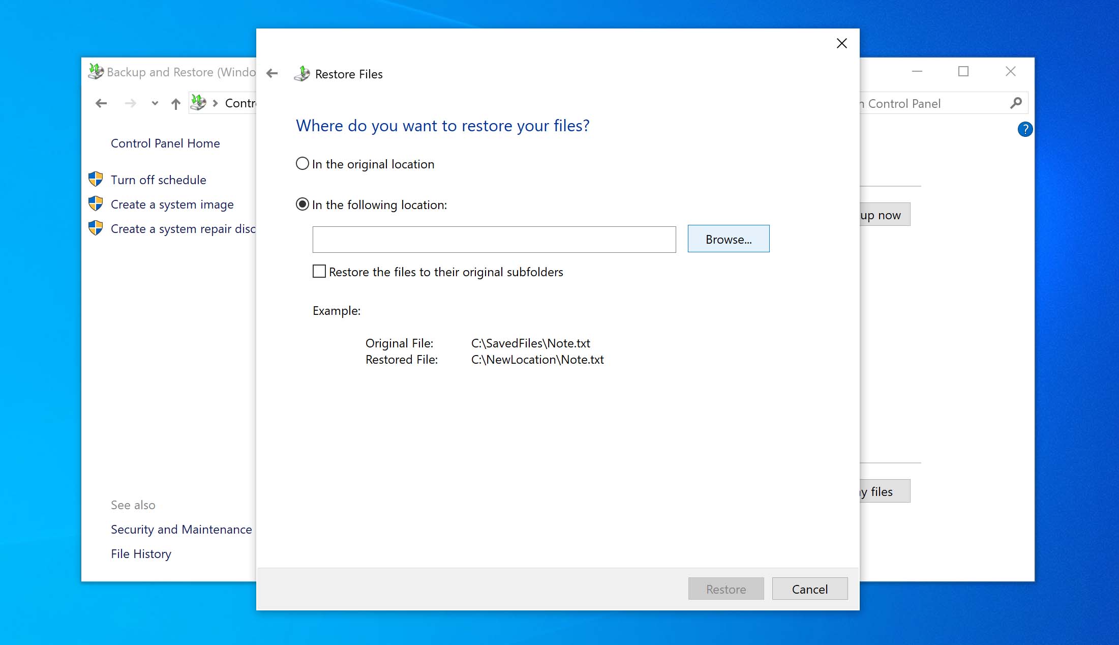 selecting destination for saving restored files