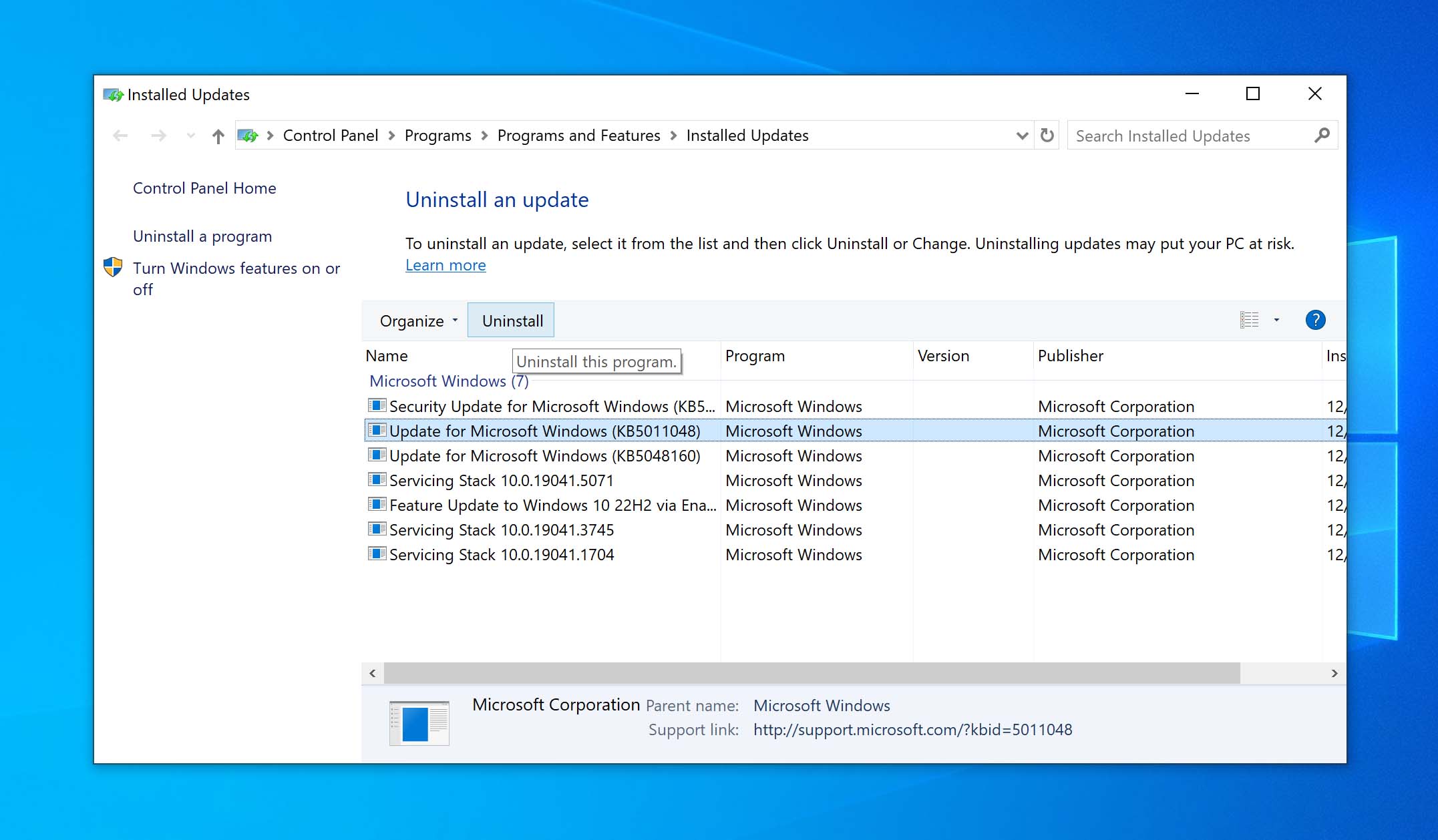 uninstalling updates on windows
