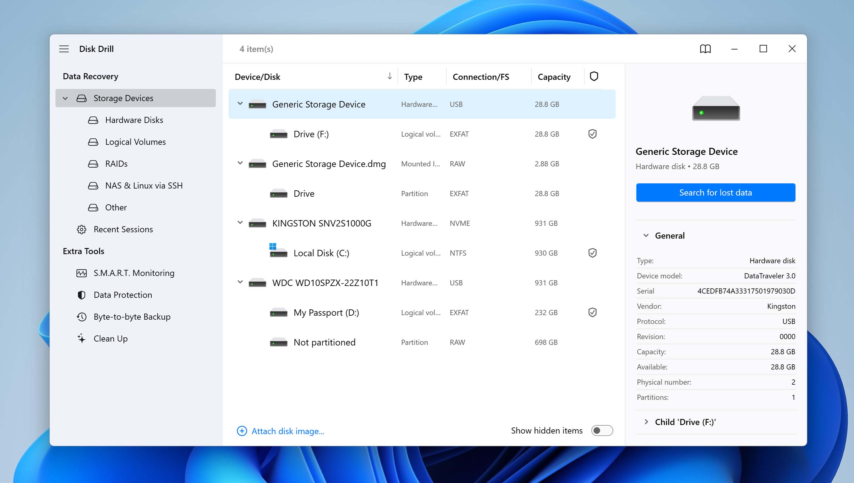 select drive with lost mp4 files in Disk Drill