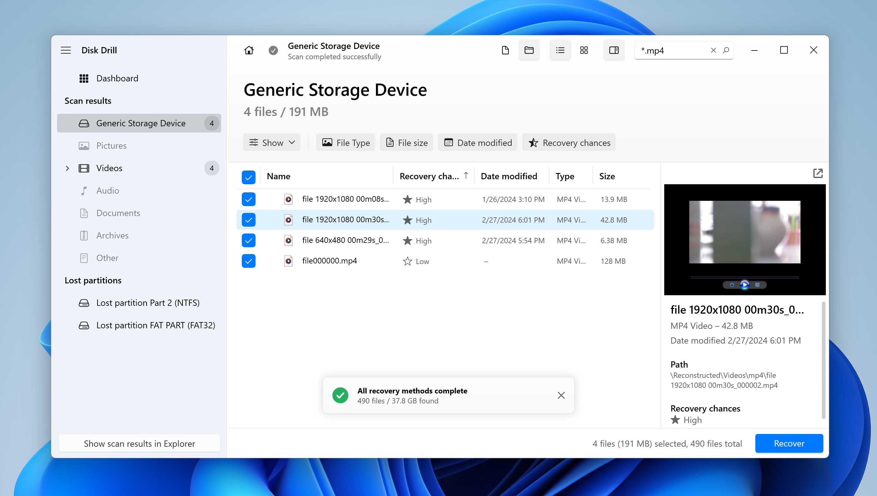 Select mp4 files for recover in Disk Drill