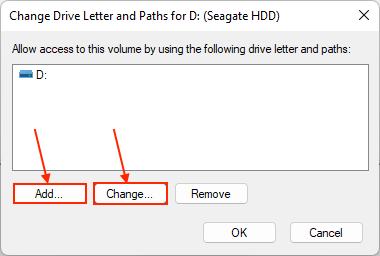 Add or Change Drive Letter menu in Disk Management