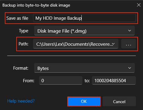Disk Drill Byte-to-byte backup setup dialogue