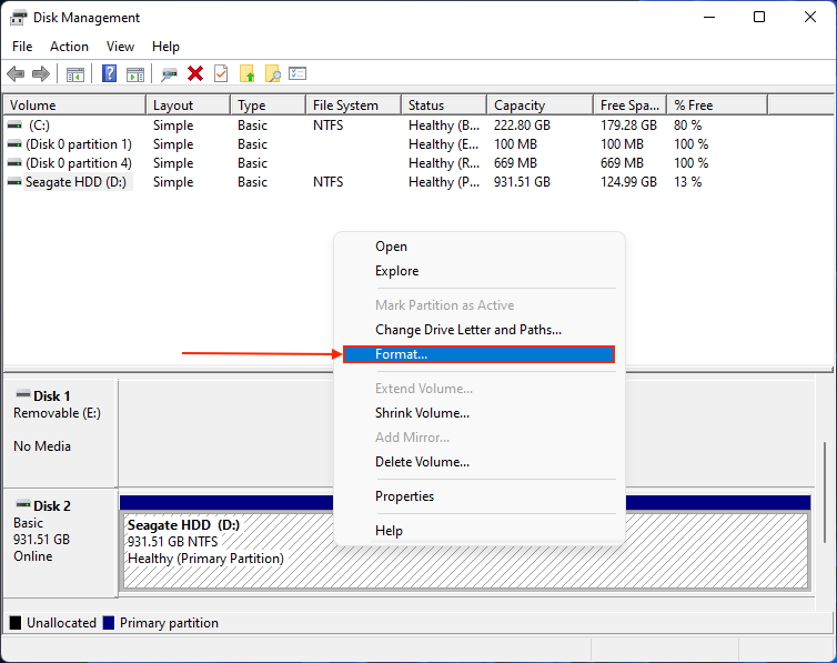 Format option in Disk Management's right-click menu