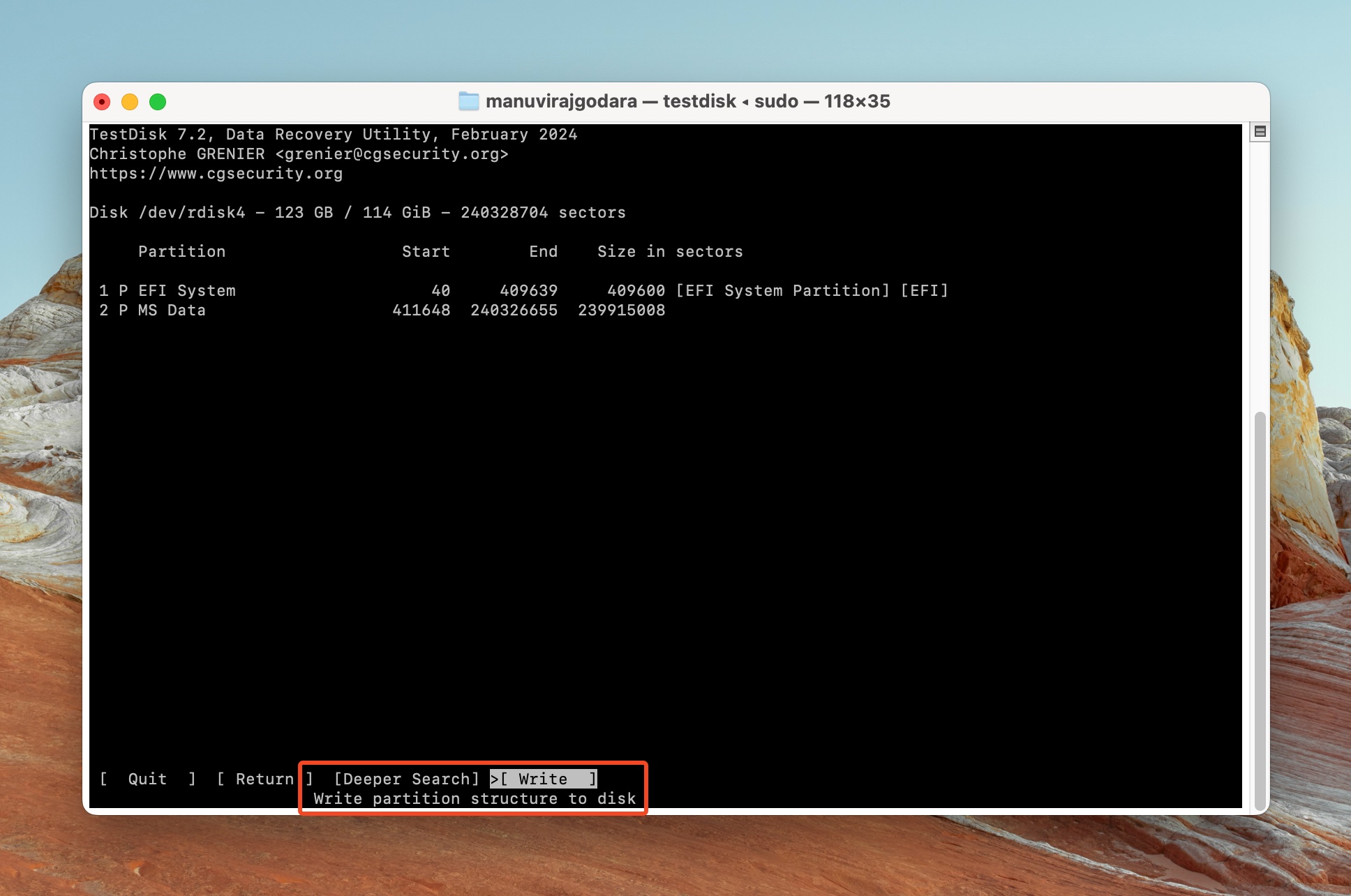 Terminal window open with TestDisk showing disk partition information, highlighting the command to write partition structure to disk.