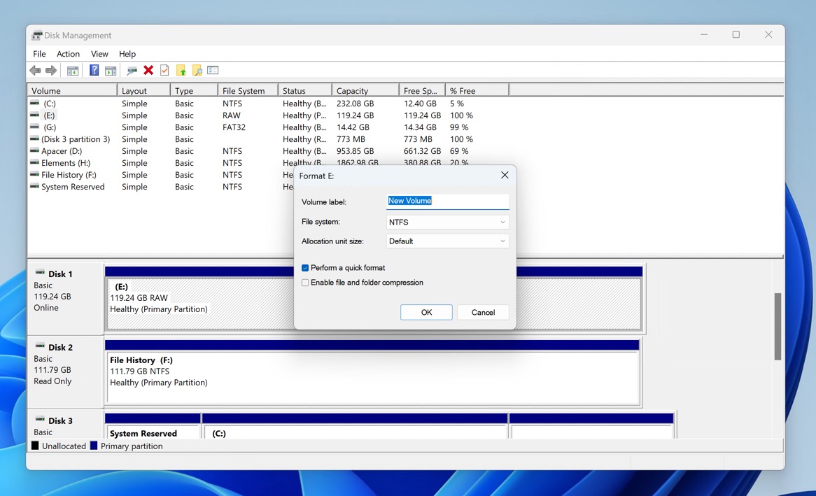 disk management ssd format options
