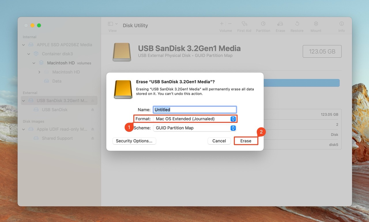 Screenshot of Disk Utility in macOS with the Erase tab open, showing options to format a USB SanDisk as Mac OS Extended (Journaled) with GUID Partition Map, and the 'Erase' button highlighted.