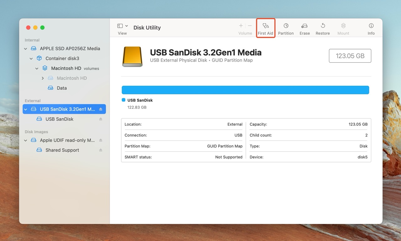 Disk Utility in macOS showing an external USB SanDisk 3.2Gen1 Media selected with the 'First Aid' button highlighted, ready to check and repair the disk.