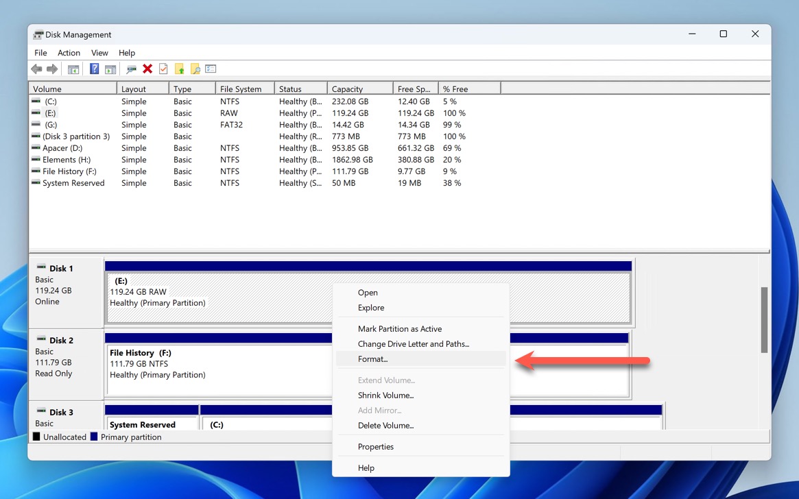 format raw drive in disk management