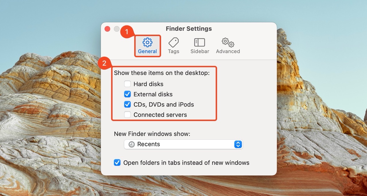 Screenshot highlighting the 'General' tab in Finder Preferences of macOS, with 'External disks' checked to show on the desktop.