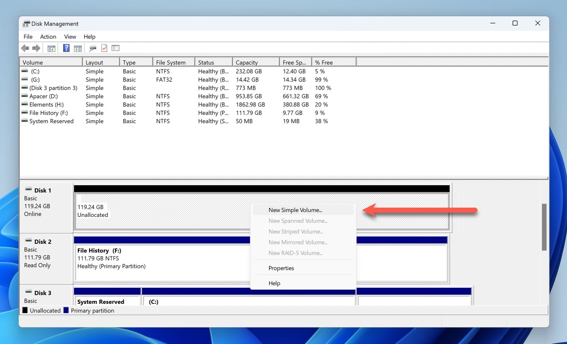 new simple volume option in disk management