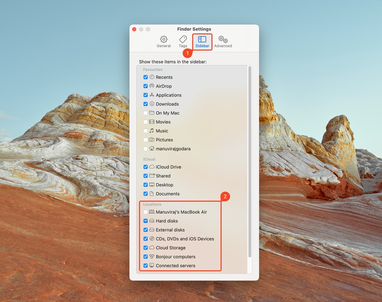 Screenshot of Finder Preferences window in macOS, 'Sidebar' tab selected, showing various locations including 'External disks' checked to appear in the sidebar.
