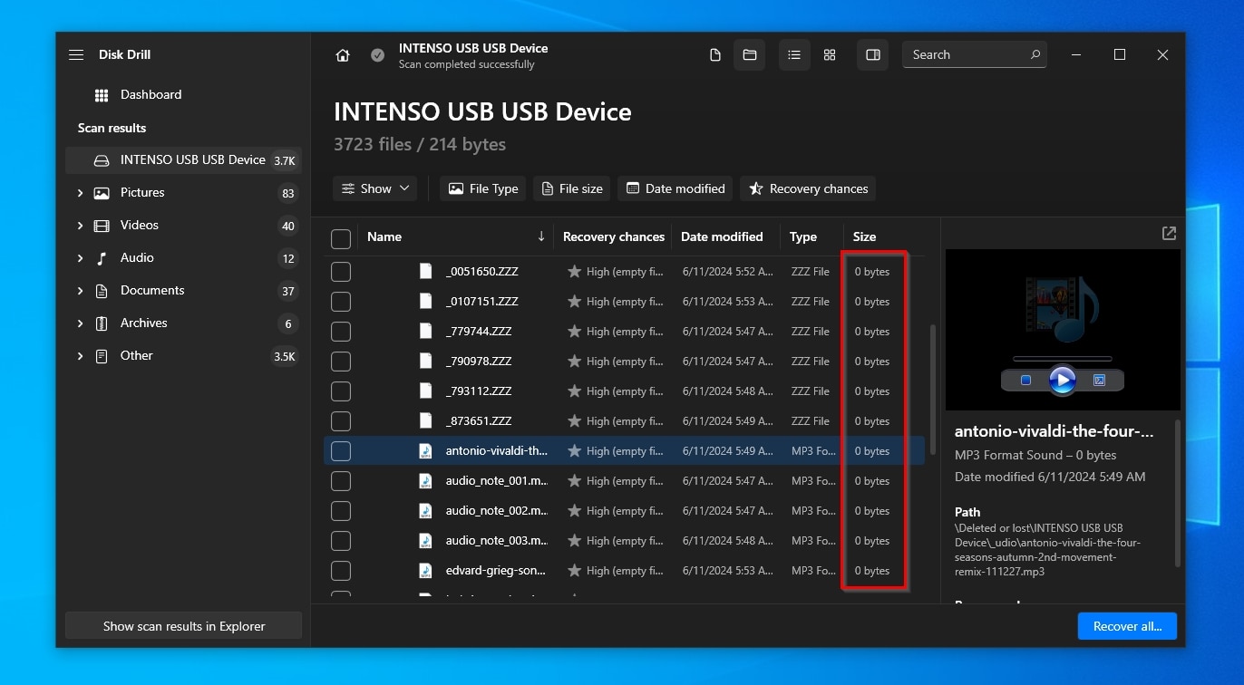 Disk Drill Located Zero Sized Files