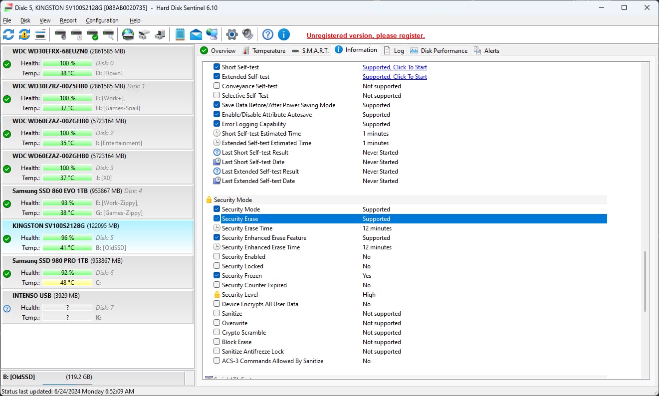 HD Sentinel showing that Security Erase is supported on a Kingston SSD