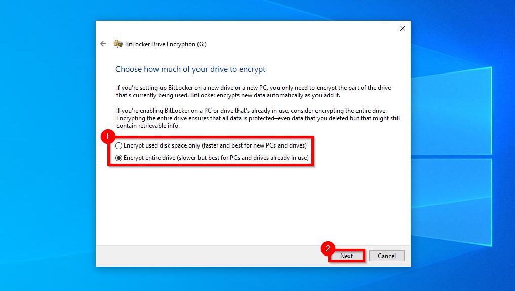 BitLocker Drive Encryption dialog in Windows asking to choose how much of the drive to encrypt.