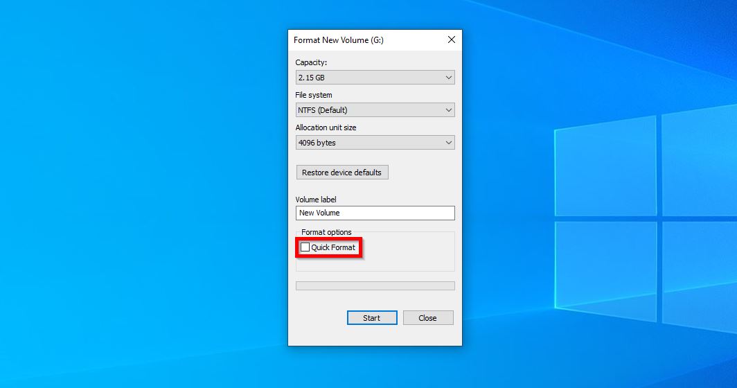 A Windows dialog box titled "Format New Volume (G:)" with the "Quick Format" checkbox checked.