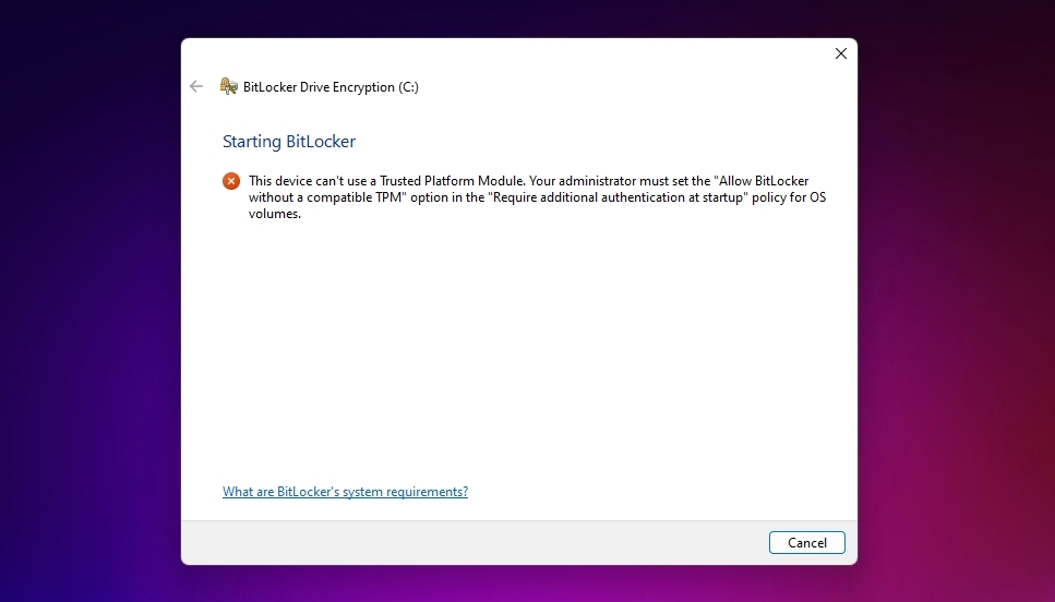 BitLocker TPM Requirement Prompt