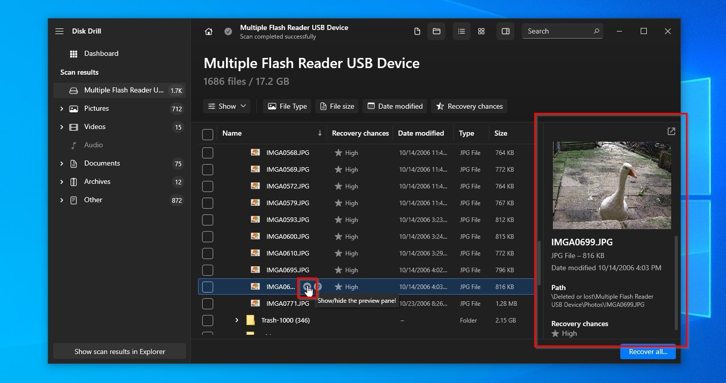 Disk Drill Previewing Located Files