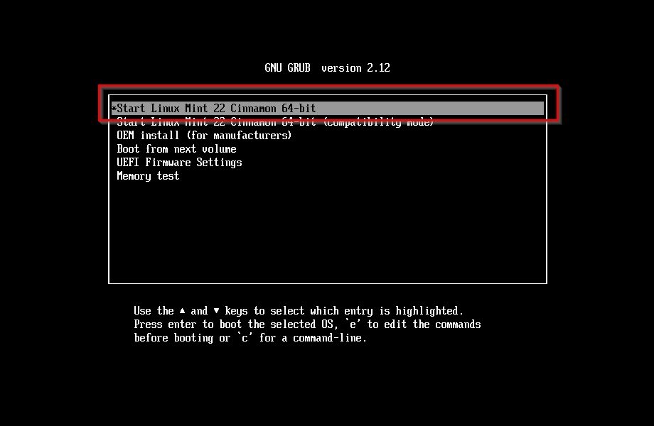 Linux Mint Boot Menu Main Entry