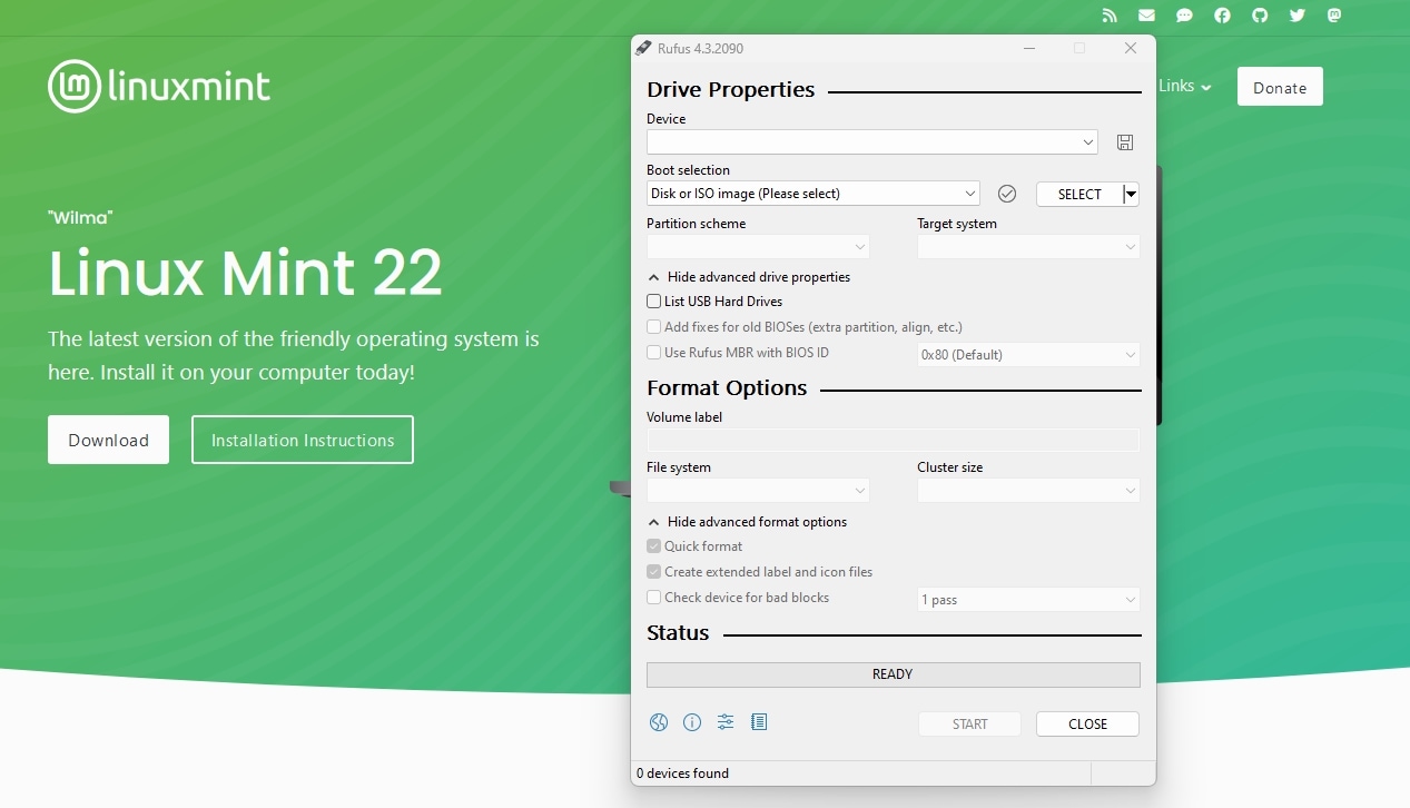 Linux Mint Site With RUFUS App In Front