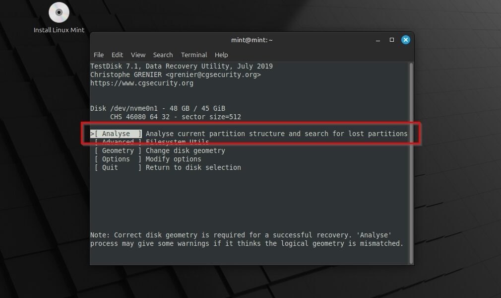 Linux Mint TestDisk Analyse