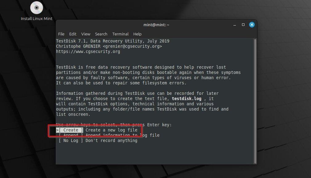 Linux Mint TestDisk Create Log File