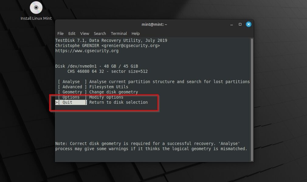 Linux Mint TestDisk Quit