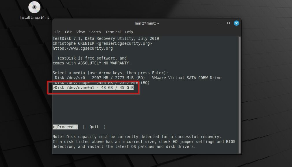 Linux Mint TestDisk Select Disk