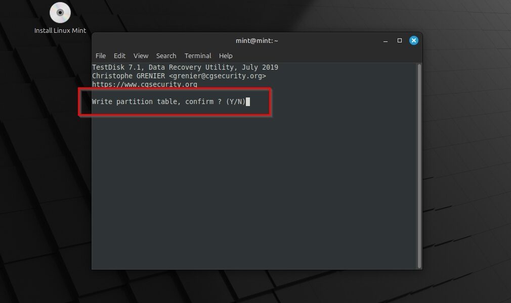 Linux Mint TestDisk Write Confirmation