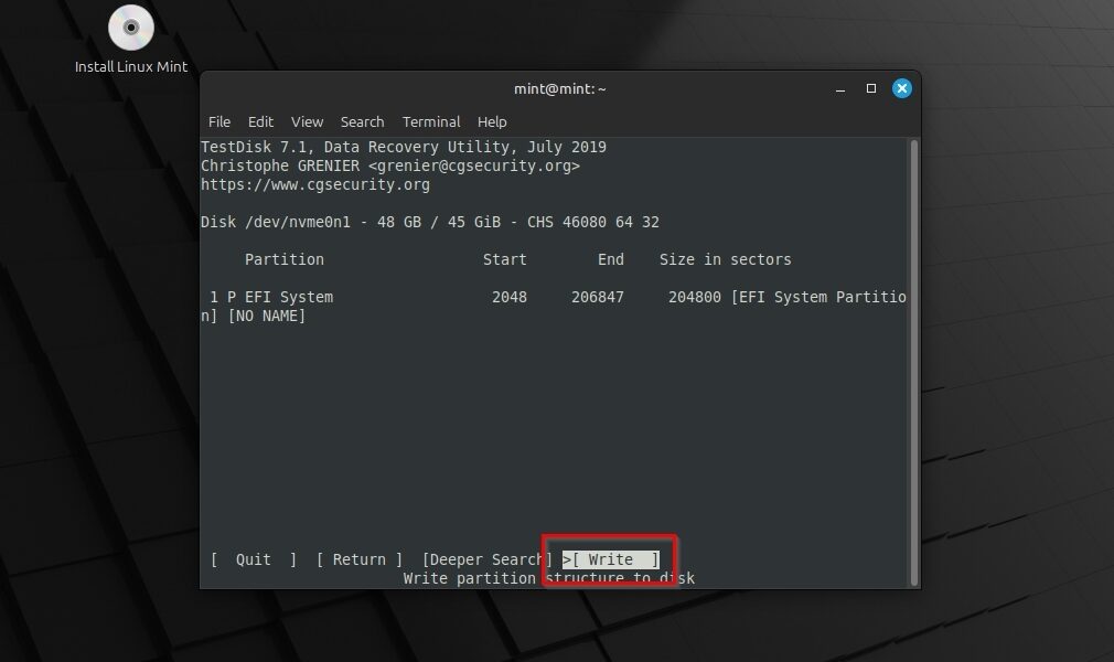 Linux Mint TestDisk Write Partition Table