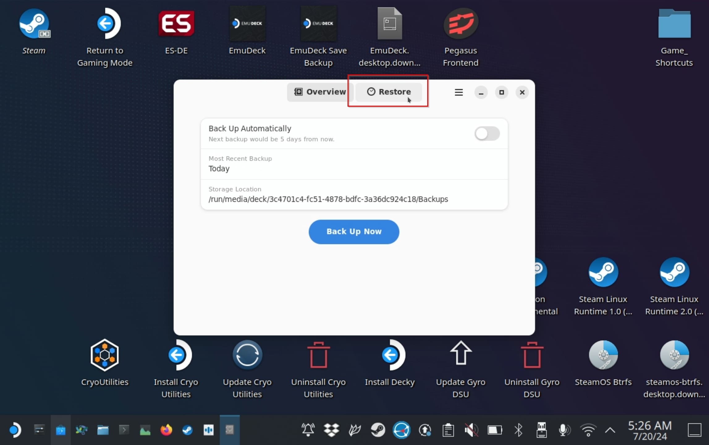Steam Deck Backups Restore Option