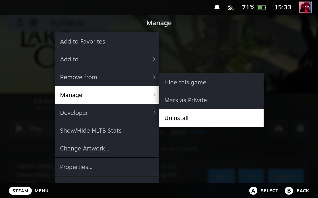 Steam Deck Game Manage Uninstall Option