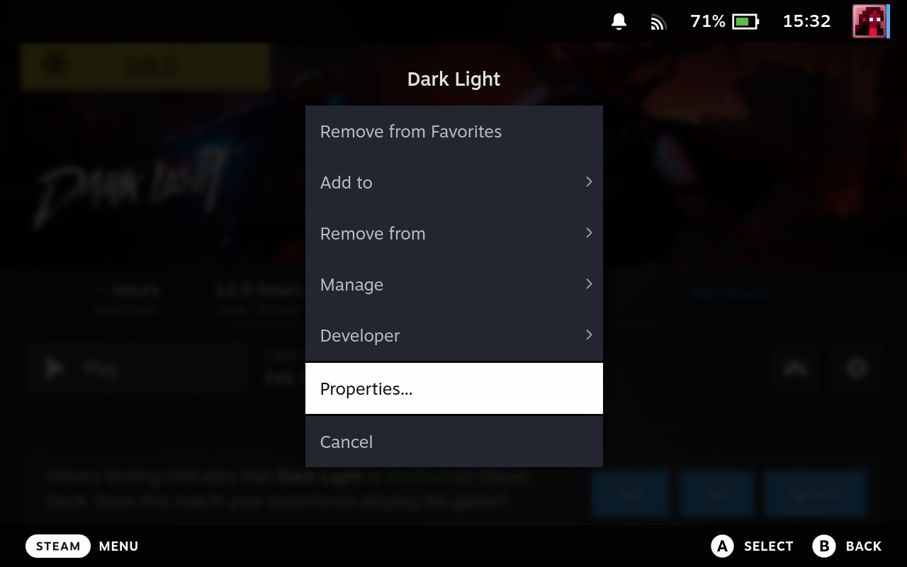 Steam Deck Properties Menu Entry