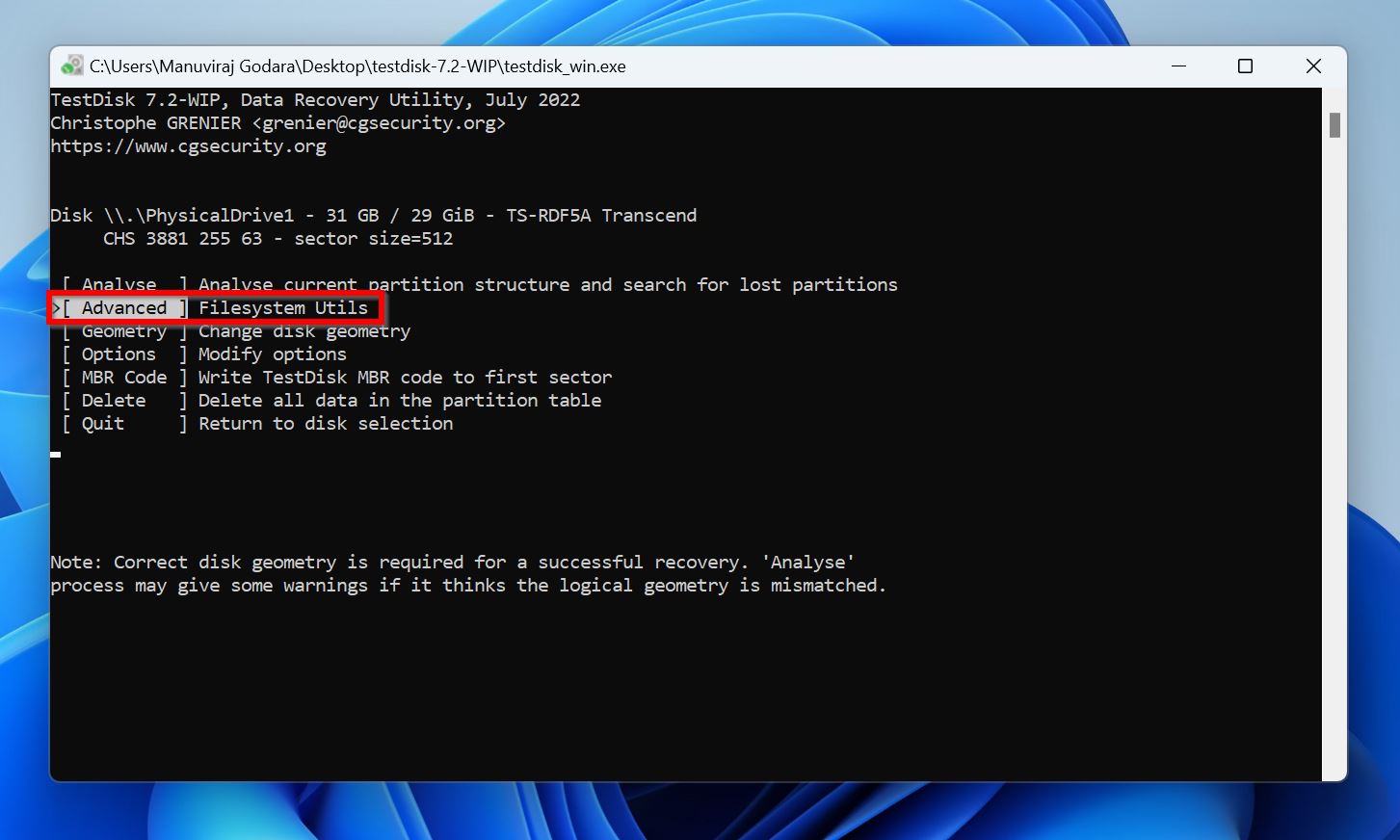 TestDisk window showing advanced filesystem utilities options.