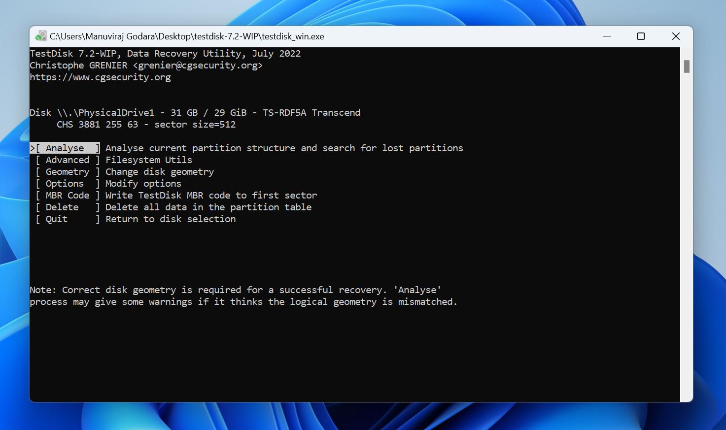 TestDisk interface with options for analyzing the current partition.